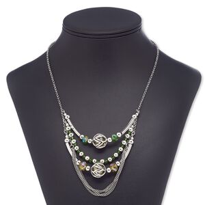 Necklace, glass / antiqued silver-finished brass / steel / "pewter" (zinc-based alloy), yellow / green AB / green, round, 28 inches with 2-inch extender chain and lobster claw clasp. Sold individually.