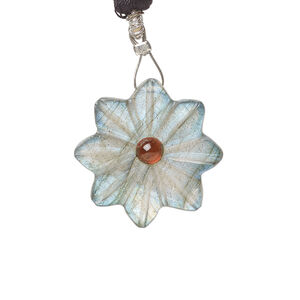 Labradorite / garnet 1pkg1, top-drilled hand-cut 1sided carved flower bead natural, 22mm