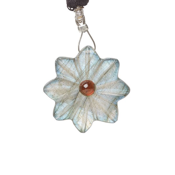 Labradorite / garnet 1pkg1, top-drilled hand-cut 1sided carved flower bead natural, 22mm image number 0