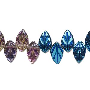 Bead, glass, translucent half-coated metallic blue and vitrail, 11x6.5mm top-drilled leaf. Sold per 15-1/2" to 16" strand.