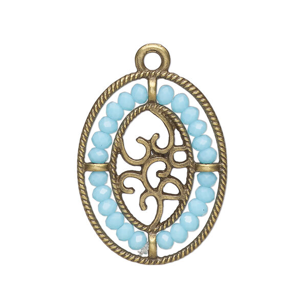 Drop, antique brass-finished "pewter" (zinc-based alloy), aqua blue, 28x21.5mm oval with hearts and beaded border. Sold per pkg of 2. image number 0