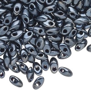 Seed bead, Miyuki, glass, pkg/10g, 7x4mm long magatama, opaque luster metallic gunmetal (LMA-464).