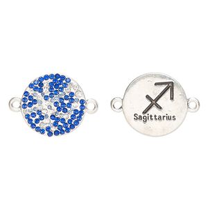 Link, "pewter" (zinc-based alloy)/enamel/cubic zirconia, pkg/1, antique silver finish and mixed colors, 20mm round 2-sided with "Sagittarius" and zodiac symbol.