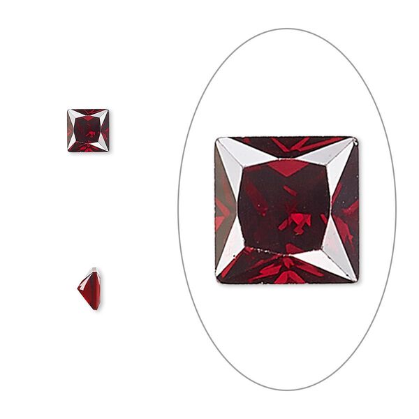 Gem, cubic zirconia, garnet red, 4mm faceted square, Mohs hardness 8-1/2. Sold per pkg of 2. image number 0