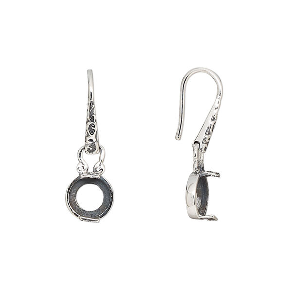 Earring fishhook 1pkg2 sterling silver, 25-29mm fancy dot design / 6mm round cab 2-prong open back setting, 20 gauge antiqued 1 pair image number 0