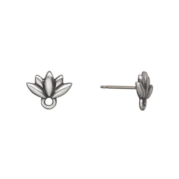 Earstud, TierraCast®, pewter (tin-based alloy), 11.5x7mm lotus with renewal theme and closed loop and titanium post . Sold per pair. image number 0