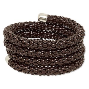 Bracelet, silver-plated steel and painted steel memory wire, brown, 32mm wide, adjustable. Sold individually.