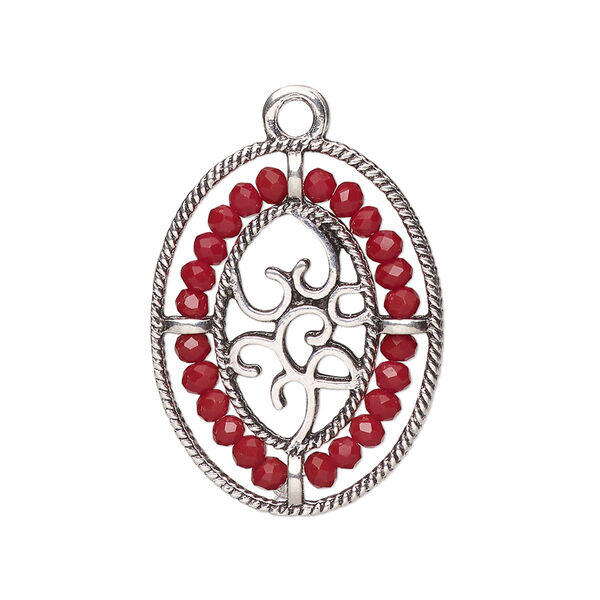 Drop, antique silver-finished "pewter" (zinc-based alloy), dark red, 28x21.5mm oval with hearts and beaded border. Sold per pkg of 2. image number 0