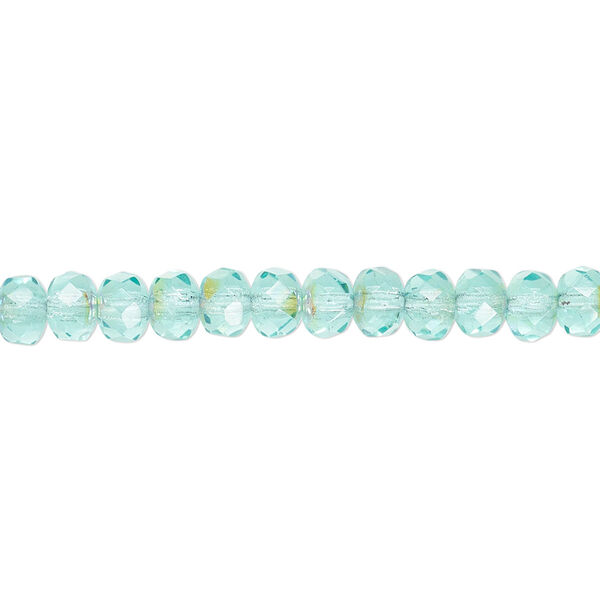 Bead, Czech fire-polished glass, light aqua AB, 5x4mm faceted rondelle. Sold per 15-1/2" to 16" strand. image number 0