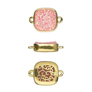 Link, Druzylite™, "druzy" (resin) and gold-finished brass, pink, 11.5mm two-sided square with open filigree back. Sold per pkg of 4.