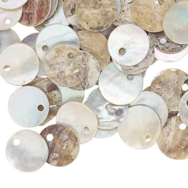 Drop, mussel shell (dyed / coated), grey, 10mm flat round, Mohs hardness 3-1/2. Sold per pkg of 100. image number 0