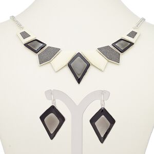 Necklace and earring set, enamel with silver-plated steel and "pewter" (zinc-based alloy), cream / black / grey with glitter, 18-inch necklace with 2-inch extender chain and lobster claw clasp, 38mm earrings with leverback ear wire. Sold per set.