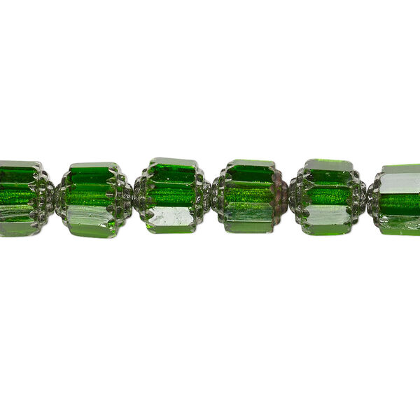 Bead, Czech glass, emerald green and metallic emerald green, 8mm round cathedral. Sold per 15-1/2" to 16" strand. image number 0