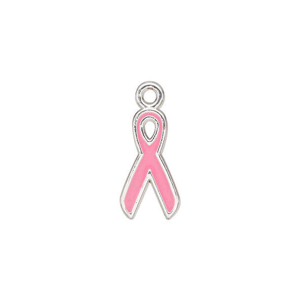 Charm, silver-finished "pewter" (zinc-based alloy) and enamel, pink, 16x8.5mm single-sided awareness ribbon. Sold per pkg of 10. image number 0