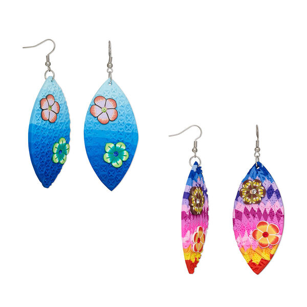 Earring mix, polymer clay / glass rhinestone / silver-plated steel, multicolored, 3-1/4 inches with marquise and flower design with fishhook ear wire. Sold per pkg of 3 pairs. image number 0