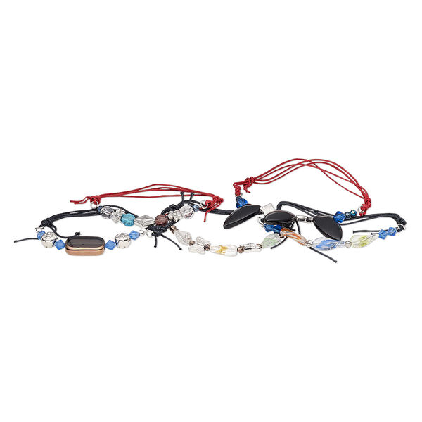Bracelet mix, waxed cotton cord / glass / silver-finished steel / gold- / silver-coated acrylic, multicolored, 4mm-30x20mm mixed shape, adjustable from 7-1/2 to 9 inches with slip knot closure. Sold per pkg of 5. image number 0