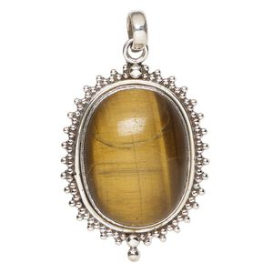 Pendant, tigereye (natural) and antiqued sterling silver, 42x31mm beaded oval. Sold individually.