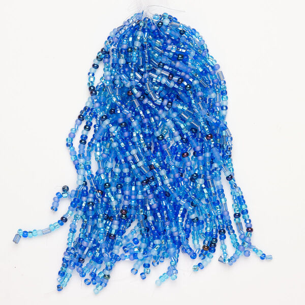 Glass 1pkg1, round seed bead / bugle bead mix matte / opaque / translucent multi-blue, #8-#6 / 3x2mm-5x4mm 4 ounce image number 0