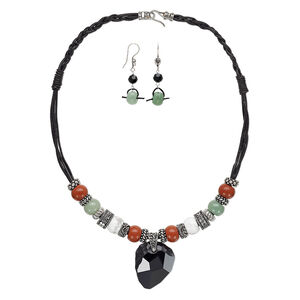 Necklace and earring set, One of a Kind Jewelry, leather (dyed) and multi-gemstone (natural), black, 18 inches. Only one available.