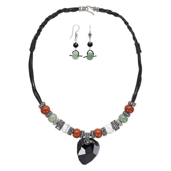 Necklace and earring set, One of a Kind Jewelry, leather (dyed) and multi-gemstone (natural), black, 18 inches. Only one available. image number 0