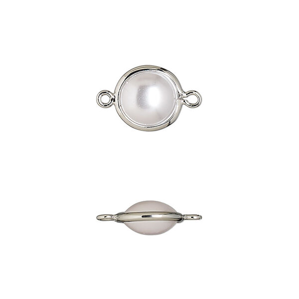 Link, acrylic pearl and imitation rhodium-finished brass, opaque cream, 10mm double-sided round. Sold per pkg of 10. image number 0