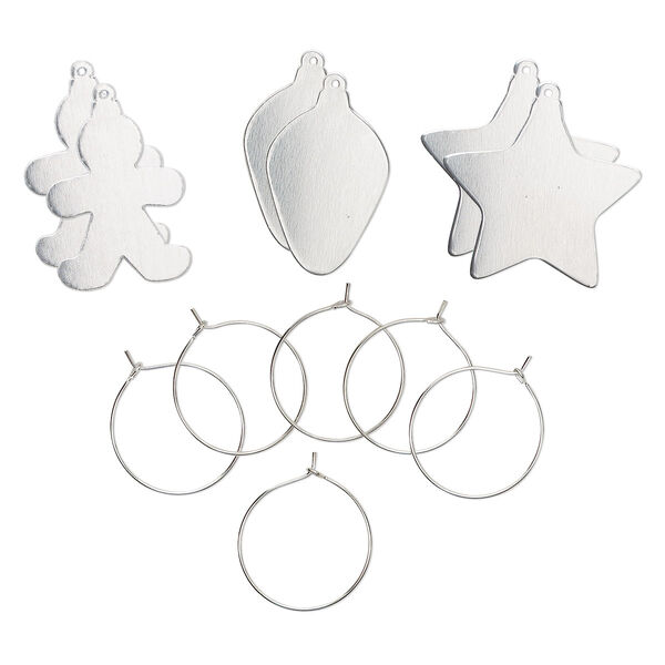 Ornament, ImpressArt®, aluminum and steel, mixed sizes gingerbread man / bulb / star shapes. Sold per pkg of 6. image number 0