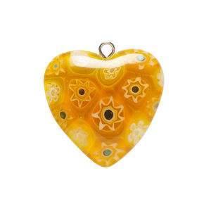 Drop, millefiori glass and silver-finished steel 
1pkg1, translucent yellow-orange / cobalt blue / white, 24-26mm puffed heart.