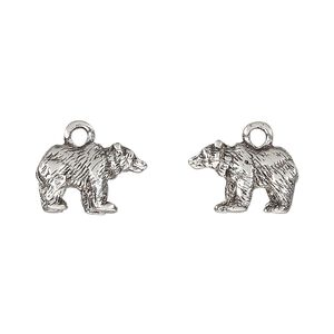 Charm, pewter (tin-based alloy), pkg/1, antique silver plate, 14.5x9mm 3D bear.
