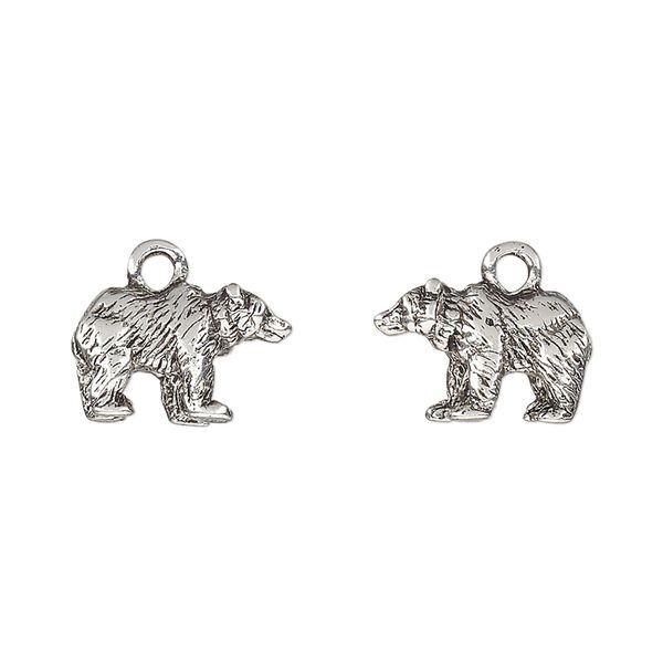 Charm, pewter (tin-based alloy), pkg/1, antique silver plate, 14.5x9mm 3D bear. image number 0