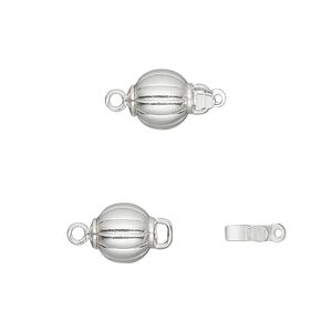 Clasp tab 1pkg10 silver-plated, 8mm corrugated round / safety latch, brass 1-strand