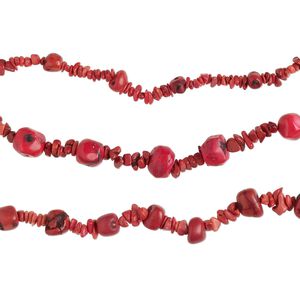 Bead mix, bamboo coral (dyed), light to dark red, small to extra-large chip and small to medium nugget, Mohs hardness 3-1/2 to 4. Sold per (3) 8-inch strands.