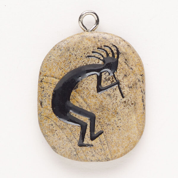 Focal, steel and picture jasper (natural), pkg/1, silver finish and black, 30x24mm-39x27mm single-sided puffed freeform with Kokopelli, B grade. image number 0