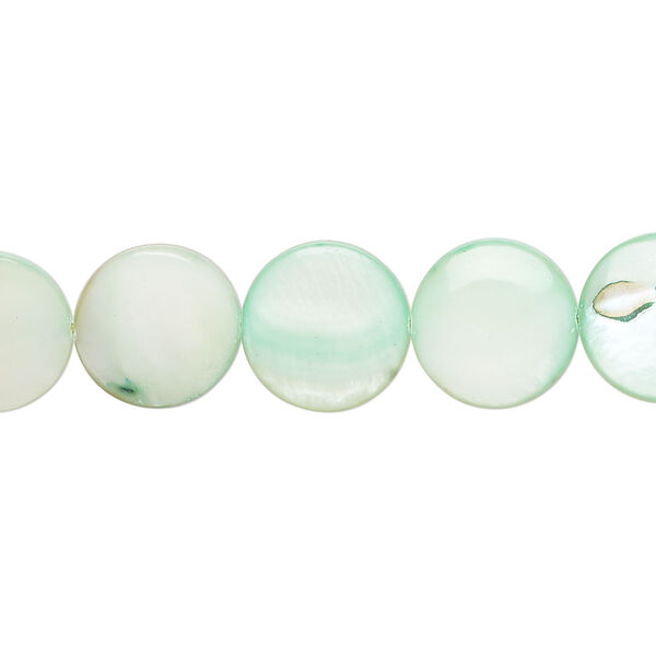 Mother-of-pearl shell 1pkg1, puffed flat round bead 15 inch teal green 11-12mm image number 0