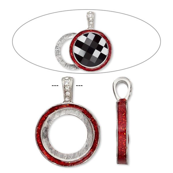 Pendant, Almost Instant Jewelry®, epoxy / crystals / imitation rhodium-finished "pewter" (zinc-based alloy), light Siam red and crystal clear with glitter, 33x24mm single-sided with 20mm round setting. Sold individually. image number 0