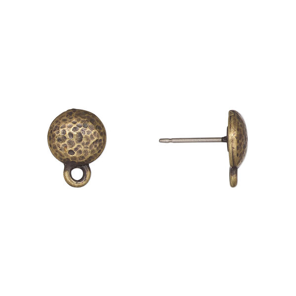 Earstud, TierraCast®, "Hammertone" collection, antique brass-plated pewter (tin-based alloy), 9mm hammered round with closed loop and titanium post. Sold per pkg of 5 pairs. image number 0