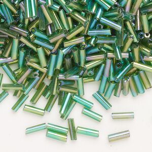 Bead, Ming Tree™, bugle bead, glass, pkg/1/4 pound, 1/4 inch, rainbow transparent green.