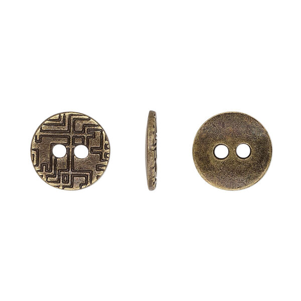 Button, antiqued brass-finished "pewter" (zinc-based alloy), 12mm single-sided flat round with geometric design. Sold per pkg of 50. image number 0
