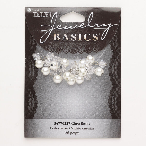 Drop assortment, steel / glass / acrylic, pkg/26, silver finish / clear / white, 6mm round and 6mm faceted bicone. image number 0