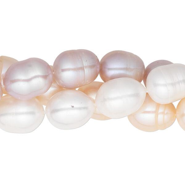 Pearl, cultured freshwater (bleached), white / mauve / peach, 8-10mm rice, C grade, Mohs hardness 2-1/2 to 4. Sold per pkg of (3) 14-inch strands. image number 0