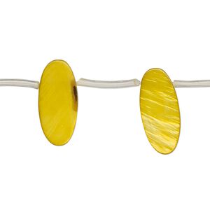 Bead, mother-of-pearl shell (dyed), golden yellow, 18x6mm-19x8mm top-drilled flat oval, Mohs hardness 3-1/2. Sold per 14-inch strand, approximately 20 beads.