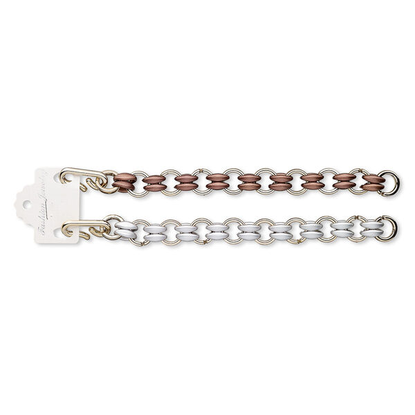 Bracelet, acrylic and rose gold-coated plastic, matte silver and mauve, 17mm wide, 7 inches with hook-and-eye clasp. Sold per pkg of 2. image number 0
