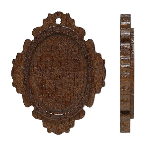 Focal, stained Japanese pagoda wood, dark brown, 37x28mm single-sided top-drilled oval with 25x18mm non-calibrated oval glue-in setting. Sold per pkg of 8. image number 0