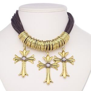 Necklace, multi-strand, waxed cotton cord / acrylic / antique gold-coated plastic / gold- / antique gold-finished steel / brass / "pewter" (zinc-based alloy), brown and grey, 2-3/4 x 1-3/4 inch three cross, 16 inches with 2-inch extender chain and lobster claw clasp. Sold individually.