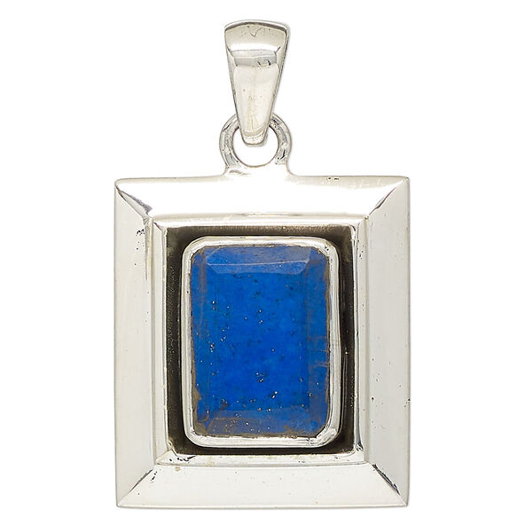 Pendant, lapis lazuli (natural) and sterling silver, 30x27mm rectangle. Sold individually. image number 0