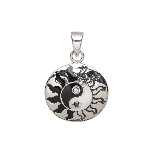 Pendant, antiqued sterling silver / cubic zirconia / enamel, black / white / clear, 18mm single-sided domed round with yin-yang and sun designs. Sold individually. image number 0