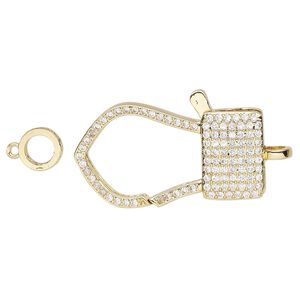 Clasp lobster claw 1pkg1, 33x18.5mm double-sided, gold-finished brass / cubic zirconia clear 1-strand