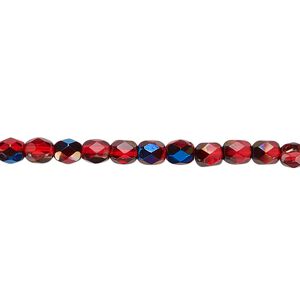 Bead, Czech fire-polished glass, red blue iris, 4mm faceted round. Sold per 15-1/2" to 16" strand.