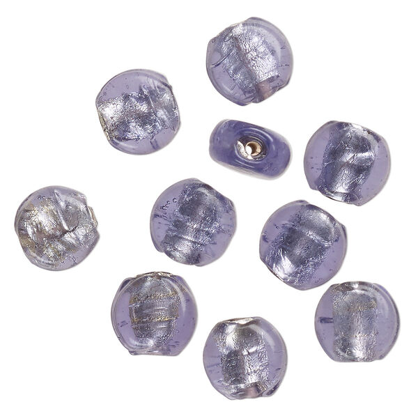 Bead, lampworked glass, opaque purple, 12x7mm-10x6mm flat round with silver-colored foil. Sold per pkg of 10. image number 0