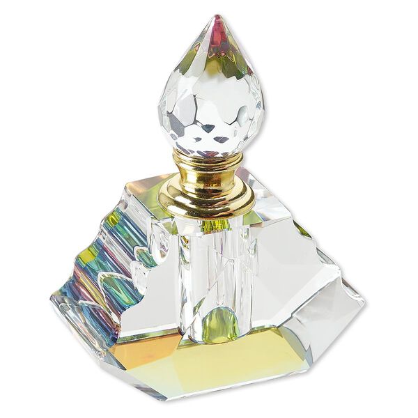 Perfume bottle, glass and gold-finished "pewter" (zinc-based alloy), clear vitrail, 4 x 3-1/4 x 2 inches with dauber and threaded stopper. Sold individually. image number 0