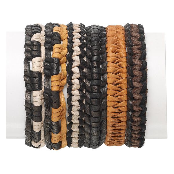 Bracelet mix, leather (natural / dyed), mixed colors, 11mm wide, adjustable from 7-8 inches with tie closure. Sold per pkg of 6. image number 0